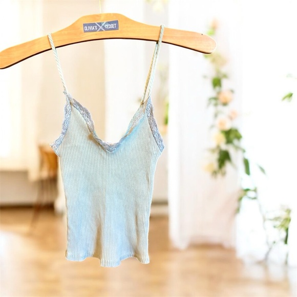 Full Tilt Light Blue Ribbed Cami with Lace Trim - Picture 1 of 3